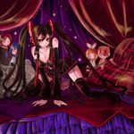  &gt;_&lt; alice_(afternoon_gleam) all_fours bed black_hair blush boots breasts cameo character_doll cleavage closed_eyes detached_sleeves doll kagamine_len kagamine_rin kaito large_breasts meiko necktie pillow red_eyes skirt solo thigh_boots thighhighs vocaloid zatsune_miku 