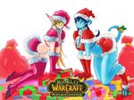  all_fours bikini blonde_hair blood_elf blue_hair blue_horns blue_skin blush breasts butcherboy christmas christmas_elf draenei elf green_eyes horns large_breasts long_hair monster_girl multiple_girls pointy_ears santa_costume swimsuit thighhighs warcraft world_of_warcraft 