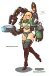  adeptus_mechanicus armor bikini blonde_hair blue_eyes breasts butcherboy curvy glasses green heresy korean large_breasts plasma_pistol solo swimsuit techmarine thighhighs translated warhammer_40k 