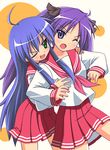  2girls hiiragi_kagami izumi_konata lowres lucky_star multiple_girls school_uniform wink 