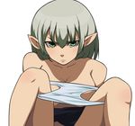  angry blush copyright_request face green_eyes green_hair highres panties panty_pull pointy_ears pu-chin short_hair skirt solo topless underwear 