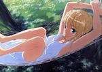  absurdres ahoge armpits artoria_pendragon_(all) barefoot blonde_hair braid dress fate/stay_night fate_(series) forest green_eyes hammock highres kuwana_ikuo nature outdoors saber smile solo white_dress 