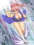  breasts cleavage foreshortening highres houtengeki large_breasts looking_at_viewer onozuka_komachi open_mouth outstretched_arm panties pink_eyes pink_hair sandals short_hair solo touhou two_side_up underwear 