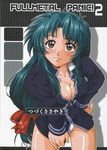  apploute blush breasts brown_eyes chidori_kaname cleavage copyright_name cover cover_page doujinshi full_metal_panic! green_hair hair_ribbon highres large_breasts long_hair low-tied_long_hair no_pants open_clothes open_shirt panties pantyshot ponytail ribbon scan shirt smile solo thighhighs underwear 