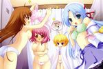  back blue_eyes blue_hair blush bra breast_envy breast_hold breasts brown_hair engrish hat highres ichinose_yuuka inugahora_an large_breasts lingerie locker locker_room long_hair looking_at_breasts mochizuki_maho multiple_girls panties pink_hair purple_eyes ranguage short_hair sideboob striped striped_panties topless tsunagaru_bangle tsunomiya_shizuku underwear underwear_only undressing yuunagi_juri 