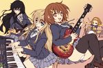  akiyama_mio band black_eyes black_hair blonde_hair blue_eyes brown_eyes brown_hair drum drum_set guitar hirasawa_yui hisahiko instrument k-on! kotobuki_tsumugi long_hair multiple_girls panties pantyshot school_uniform short_hair synthesizer tainaka_ritsu thighhighs underwear upskirt 