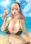  1girl absurdres adjusting_clothes adjusting_swimsuit bikini bikini_under_clothes blue_sky breasts cleavage cloud cloudy_sky collarbone day eyelashes food headphones highres huge_breasts ice_cream ice_cream_cone jewelry lips long_hair looking_at_viewer navel necklace nitroplus ocean open_mouth paul_dang_(podang) pearl_necklace pink_hair pinky_out red_eyes see-through shirt sky solo striped striped_bikini super_sonico swimsuit waffle_cone wet wet_clothes wet_shirt wet_t-shirt 