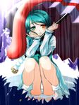  aqua_hair geta grin heterochromia irusu karakasa_obake panties pantyshot pantyshot_(squatting) purple_umbrella rain smile solo squatting tatara_kogasa tongue touhou umbrella underwear 