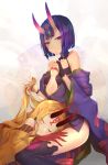  2girls bare_shoulders blonde_hair bob_cut eyeliner eyes_closed facial_mark fang_out fate/grand_order fate_(series) finger_to_mouth fingernails forehead_mark headpiece highres horns ibaraki_douji_(fate/grand_order) japanese_clothes kimono lap_pillow long_hair makeup multiple_girls oni oni_horns open_clothes open_kimono pointy_ears purple_eyes purple_hair purple_kimono revealing_clothes sharp_fingernails short_eyebrows short_hair shuten_douji_(fate/grand_order) smile takana_(kurubushisan) yellow_kimono 