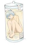  1girl ayanami_rei barefoot blue_hair eyes_closed feet female guro hard_translated highres jar neon_genesis_evangelion nude pussy sachisuke_masumura solo translated uncensored 