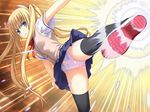  angry ayase_natsuki blonde_hair blue_eyes cameltoe high_kick kicking lace lace-trimmed_panties long_hair nekonyan panties pink_panties sakaagari_hurricane school_uniform skirt skirt_lift solo thighhighs twintails underwear 