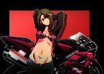  brown_eyes green_hair groin ground_vehicle midriff motor_vehicle motorcycle navel open_fly original solo tom_(drpow) unzipped 