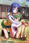  absurdres blue_eyes blue_hair blush dengeki_daiou green_eyes green_hair highres hug kneeling kuroboshi_kouhaku kurusugawa_ayaka long_hair multi multiple_girls panties pantyshot pleated_skirt robot_ears school_uniform short_hair sitting skirt socks thighhighs to_heart underwear 