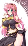  bare_shoulders belt black_skirt blue_eyes blush breasts covered_nipples kawase_seiki large_breasts long_hair long_skirt megurine_luka midriff navel no_panties pink_hair shirt side_slit skirt solo taut_clothes taut_shirt thighhighs thighs vocaloid 