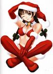  bare_shoulders bell boots braid brown_eyes brown_hair christmas copyright_request gloves hair_ribbon hat highres indian_style long_hair midriff one_eye_closed red_gloves ribbon santa_costume santa_hat scan simple_background sitting smile solo tanaka_takayuki thigh_boots thighhighs twin_braids twintails white_background 