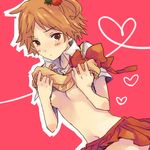  bad_id bad_pixiv_id breasts brown_hair food food_themed_clothes food_themed_hair_ornament fruit genderswap genderswap_(mtf) hair_ornament hanamura_yousuke medium_breasts persona persona_4 school_uniform shirt_lift short_hair skirt solo strawberry strawberry_hair_ornament tayako 