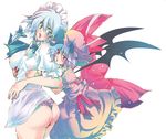  ass bad_id bad_pixiv_id blue_eyes braid breasts covered_nipples hat hug hug_from_behind izayoi_sakuya kogawa large_breasts multiple_girls no_pants panties red_eyes remilia_scarlet ribbon short_hair touhou twin_braids underwear wings 