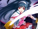  1girl alice_soft big_bang_age blue_hair daibanchou game_cg kyoudou_senna long_hair open_mouth red_eyes solo sword weapon 