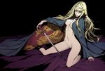  blonde_hair blue_eyes boots breasts cape green_eyes highres julia_werner_tsaritsyno_roshchina kneeling koukoku_no_shugosha large_breasts long_hair miwa_shirou naked_cape nipples no_pussy nude solo sword weapon 