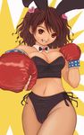  animal_ears bare_shoulders boxing_gloves breasts brown_hair bunny_ears bunny_girl bustier copyright_request kobayashi_yuuji large_breasts lingerie midriff panties red_eyes short_hair smile solo underwear 