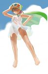  badge barefoot blush cape dress flying helmet hoshino_sumire paako perman_(series) ramb_chop see-through sky solo summer 
