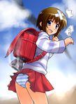  backpack bag bandages brown_hair copyright_request fang itoji panties randoseru rocket short_hair skirt smoke solo striped striped_panties underwear 