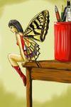  1girl 70s black_hair butterfly butterfly_wings cup microid_s minigirl oldschool pen pencil sitting touei wings 