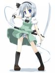  bad_id bad_pixiv_id blue_eyes bob_cut cameltoe dual_wielding fundoshi highres hitodama holding hujikok japanese_clothes katana konpaku_youmu konpaku_youmu_(ghost) looking_at_viewer ribbon silver_hair simple_background skirt solo sword touhou upskirt weapon 