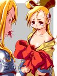  1girl agrias_oaks ahoge bare_shoulders blonde_hair blood blush bow crossdressing final_fantasy final_fantasy_tactics hat lipstick long_hair lowres makeup mikuni_aoi mystic_(fft) nosebleed oekaki otoko_no_ko ramza_beoulve robe tears yin_yang 