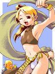  1girl agrias_oaks ahoge armpits bare_shoulders blonde_hair bracelet bulge covered_nipples crossdressing dancer dancer_(fft) earrings fang final_fantasy final_fantasy_tactics flat_chest jewelry lipstick long_hair lowres makeup midriff mikuni_aoi navel oekaki one_eye_closed otoko_no_ko panties ramza_beoulve shawl underwear white_panties 