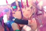  2girls bare_shoulders blonde_hair chinese_clothes crop_top dudou eyes_closed facial_mark fang fate/grand_order fate_(series) forehead_mark gradient_hair headpiece hug ibaraki_douji_(fate/grand_order) ibaraki_douji_(swimsuit_lancer)_(fate) japanese_clothes long_hair multicolored_hair multiple_girls oni oni_horns open_mouth pink_hair pointy_ears purple_eyes purple_hair short_hair shuten_douji_(fate/grand_order) shuten_douji_(halloween_caster)_(fate) smile takana_(kurubushisan) twintails 