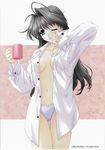  black_hair breasts cleavage cup highres kimizuka_aoi long_hair medium_breasts navel open_clothes open_shirt panties shirt solo thighhighs underwear yawning 