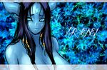  black_hair blue_eyes blue_horns blue_skin breasts butcherboy cleavage draenei facial_mark forehead_mark glowing glowing_eyes horns large_breasts long_hair pointy_ears smile solo topless warcraft world_of_warcraft 