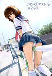  brown_hair derivative_work itoji kneehighs looking_back original panties photo-referenced polka_dot polka_dot_panties school_uniform serafuku short_hair skirt socks solo straddling underwear upskirt white_legwear 