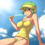  aaaa bare_shoulders bottomless breasts camisole colored_pubic_hair covered_nipples food green_hair hair_between_eyes highres large_breasts original popsicle pubic_hair solo tongue visor_cap 