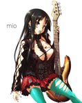  akiyama_mio bass_guitar between_breasts black_hair breasts candy cleavage earrings food green_nails instrument jewelry k-on! large_breasts lollipop long_hair nail_polish nekomamire skirt solo thighhighs torn_clothes torn_legwear 