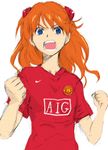  absurdres blue_eyes clenched_hands clothes_writing highres manchester_united neon_genesis_evangelion nike open_mouth orange_hair premier_league resizing_artifacts shanghai_man short_sleeves shouting simple_background sketch soccer soccer_uniform solo souryuu_asuka_langley sportswear standing 