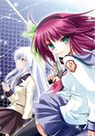  amagai_yukino angel_beats! black_legwear blazer green_eyes gun hair_ribbon hairband jacket long_hair multiple_girls purple_hair ribbon school_uniform short_hair silver_hair skirt tenshi_(angel_beats!) thighhighs trigger_discipline weapon yellow_eyes yuri_(angel_beats!) zettai_ryouiki 