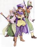  2boys alena_(dq4) beard belt black_eyes blue_eyes boots brey brown_hair cape claws clift dragon_quest dragon_quest_iv dress earrings facial_hair fighting_stance gloves hat homare_(fool's_art) jewelry long_hair multiple_boys mustache open_mouth orange_hair pantyhose purple_hair ready_to_draw robe shoes silver_eyes simple_background slit_pupils staff strap sword weapon white_hair 