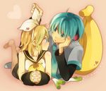  1girl ahoge aqua_eyes aqua_hair bad_id bad_pixiv_id banana blonde_hair blush food fruit genderswap genderswap_(ftm) hair_ornament hair_ribbon hairclip hatsune_mikuo headphones hiyo_kiki kagamine_rin lying on_stomach ribbon short_hair spring_onion vocaloid 