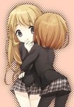  bad_id bad_pixiv_id black_eyes blonde_hair brown_hair hariko hirasawa_yui hug k-on! kotobuki_tsumugi long_hair multiple_girls pantyhose plaid plaid_skirt school_uniform short_hair skirt 