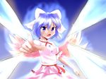  angry aura beam blue_eyes blue_hair bow foreshortening hair_bow highres mai_(touhou) pointing ribbon short_hair solo touhou touhou_(pc-98) uniyon wings 