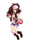  bag baseball_cap between_breasts blue_eyes boots breasts brown_hair cleavage curly_hair cutoffs denim denim_shorts exposed_pocket gulim handbag hat holding holding_poke_ball medium_breasts poke_ball pokemon pokemon_(game) pokemon_bw ponytail short_shorts shorts smile solo strap_cleavage tank_top touko_(pokemon) vest 