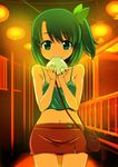  baozi blush camisole eating flat_chest food green_eyes green_hair hair_ribbon highres miniskirt no_bra onija_tarou original pencil_skirt ribbon short_hair side_ponytail skirt solo 