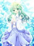  blue detached_sleeves gradient_hair green_eyes green_hair hands_clasped highres kochiya_sanae long_hair magic momomiya_mion multicolored_hair own_hands_together solo touhou 