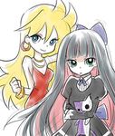  black_hair blonde_hair blue_eyes bow cat dress earrings green_eyes honekoneko_(psg) jewelry long_hair multiple_girls neko_yuuko panty_&amp;_stocking_with_garterbelt panty_(psg) red_dress sketch stocking_(psg) stuffed_animal stuffed_cat stuffed_toy 