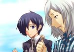  blue_eyes blue_hair eating food grey_eyes grey_hair hair_over_one_eye headphones kamiki_akinari male_focus multiple_boys persona persona_3 ribbon segami_daisuke smile takoyaki yuuki_makoto 