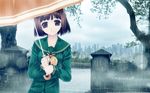  bob_cut brown_hair cityscape highres light_smile looking_at_viewer murakami_suigun original rain red_eyes school_uniform serafuku short_hair solo tree umbrella wallpaper watermark web_address 