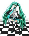  aqua_eyes aqua_hair bare_shoulders black_legwear checkered checkered_floor detached_sleeves fukuoka_kasumi hatsune_miku headphones highres legs long_hair necktie perspective solo thighhighs twintails very_long_hair vocaloid zettai_ryouiki 