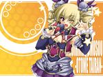  ;d \m/ armpits bare_shoulders blonde_hair breasts character_name cleavage detached_sleeves drill_hair fang flat_chest frilled_skirt frilled_sleeves frills hair_ornament heart highres kj_(colors004) koihime_musou microphone one_eye_closed open_mouth parody pleated_skirt red_ribbon ribbon seikan_hikou skirt smile solo sousou star teeth twin_drills twintails 